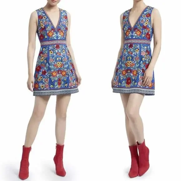 Alice + Olivia Patty Riviera Floral Embroidered A Line Mini Dress Size US 8 - Picture 9 of 15